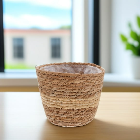 WHAMVOX Straw Flower Pot Woven Planter Basket Khaki 1Set 7.1x7.1x5.9In