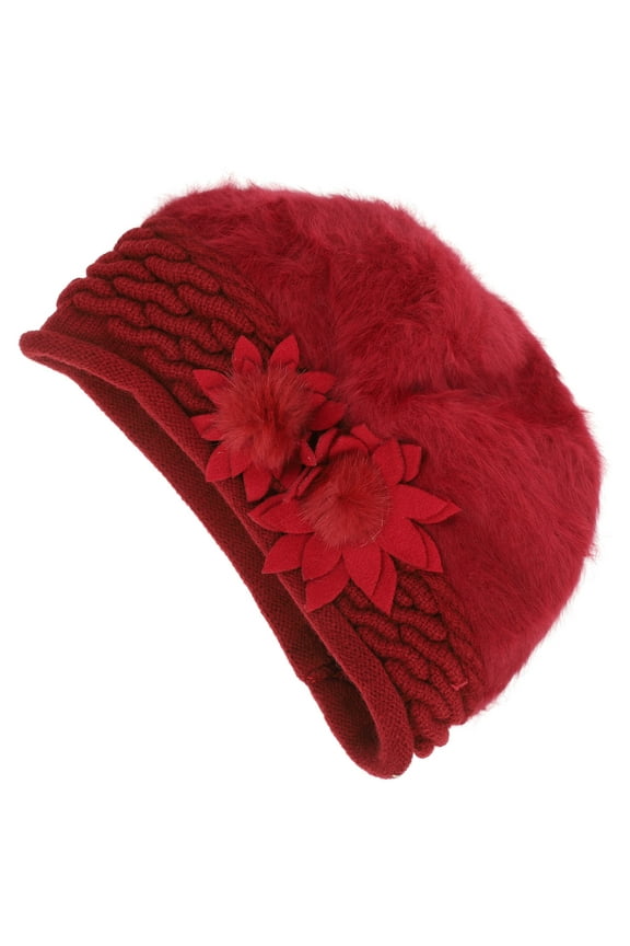 Knit Beret for Women Floral Knitted Beanie Hats Women's Miss Red