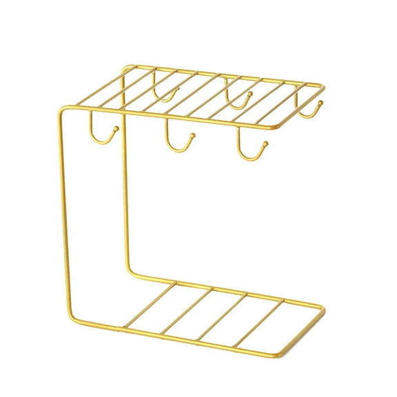 ROMANSENTIAL Golden Storage Rack for Cups with 6 Hooks and Wire Basket Wrought Iron Material