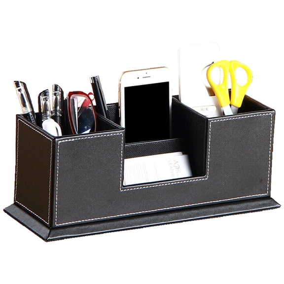 WHAMVOX Multifunction Leather Double Pen Holders 4 Compartment Container Desktop Organizer Office Supplies for Business Phone Pencil (Black)