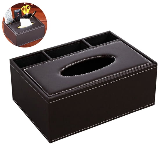 WHAMVOX Multifunctional Desktop Organizer Holder Pencil Scissor Container PU Leather Tissue Box(Coffee)
