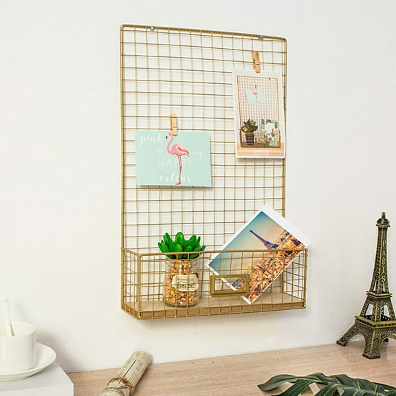 WHAMVOX Nordic Style Pictures Wall Hanging Iron Rack Hanging Mesh Decoration Living Room Decor with Postcard Clip(Golden)