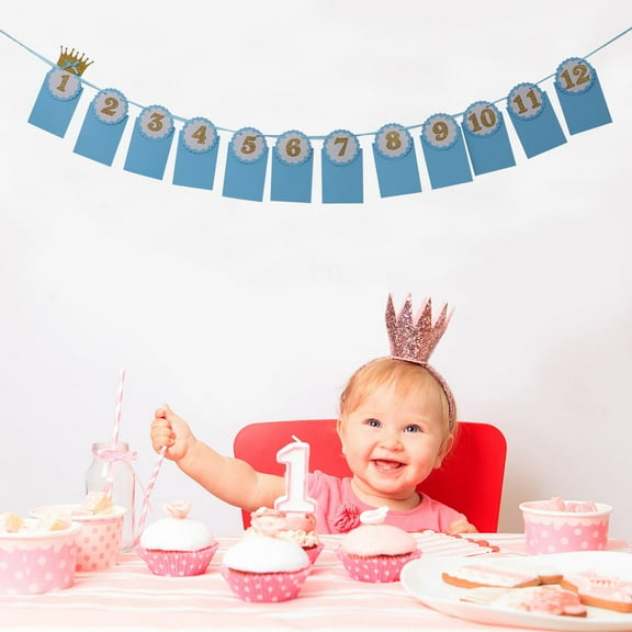 WHAMVOX Paper Baby Photo Banner for Decoration Blue Great for 1st Birthday Parties 12 Months