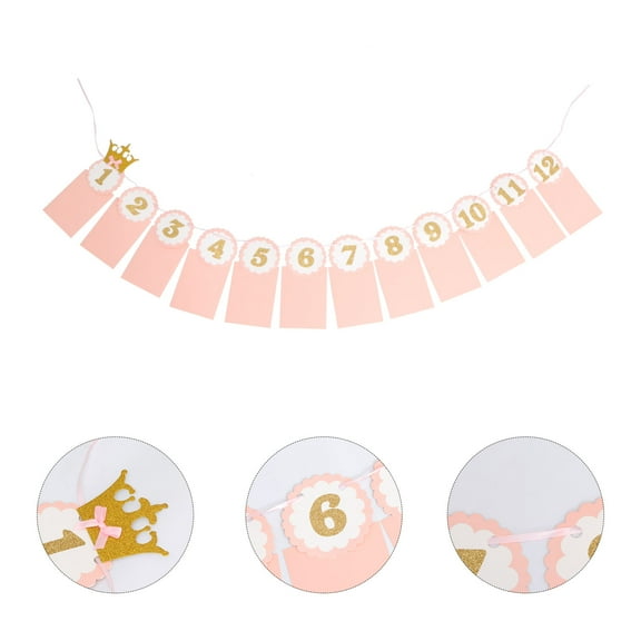 WHAMVOX Pink Birthday Bunting Banner with Crown Design for Party Decoration Garland Flags 8.5x11 Inches