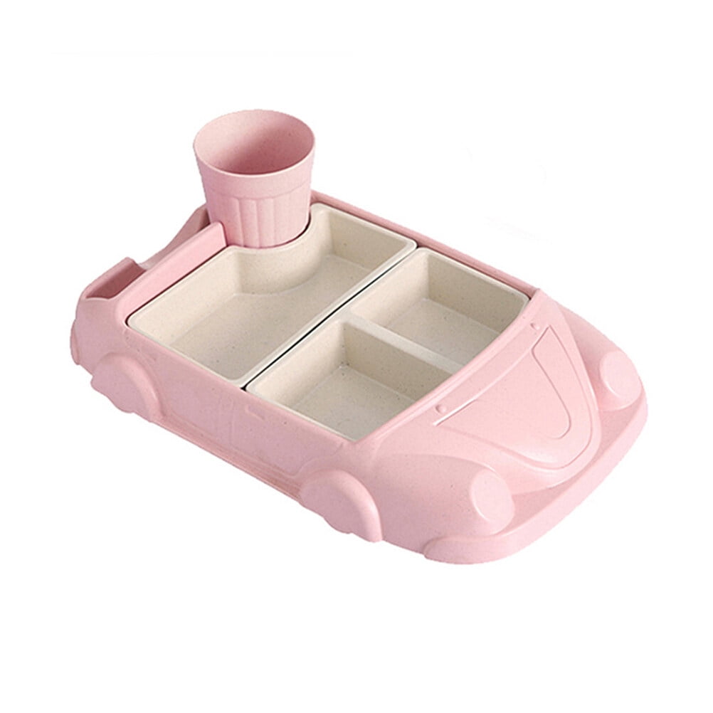 WHAMVOX Pink CarShaped Dinner Tray for Kids with Water Cup, Durable Plastic Baby Dishes and Cutlery Set