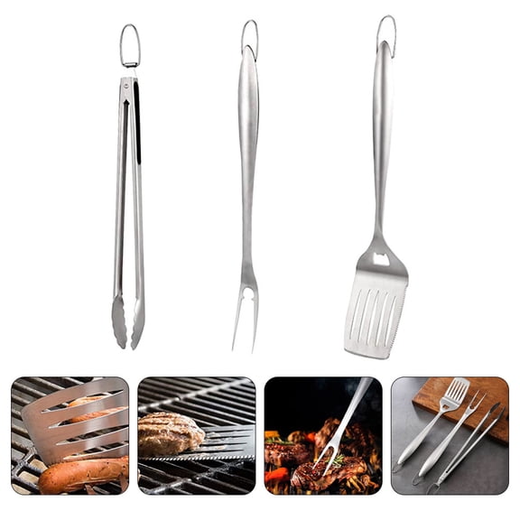 WHAMVOX Portable BBQ Grill Tools Kit with Stainless Steel Spatula Fork and Clamp for Home Use Silver