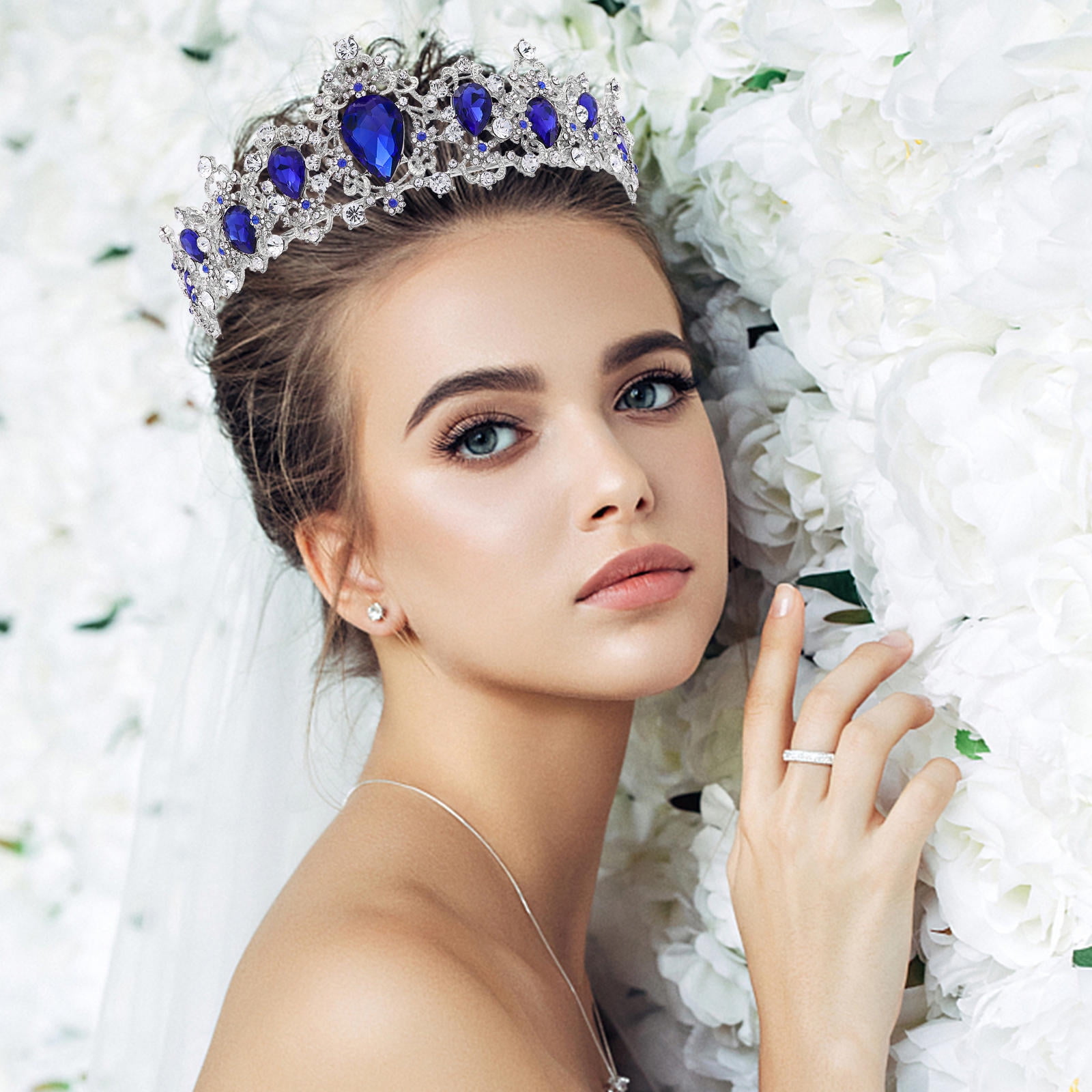WHAMVOX Princess Crown Wedding Decor Accessories Quinceanera The Blue Rhinestones Bride