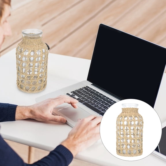 WHAMVOX Rattan Glass Vase Modern Floral Handmade Arrangement Decoration Woven Wicker Flower