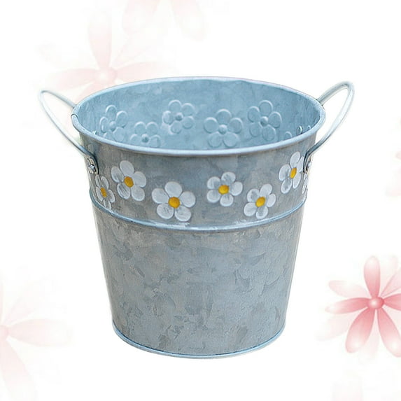 WHAMVOX Retro Silver Iron Sheet Flower Pot with Handle for Decoration Vintage Style Decor 6.5 Inches Diameter