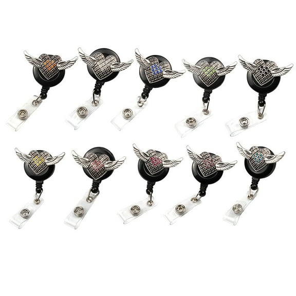 WHAMVOX Retro Wing Shaped Round Rhinestone Clips ID Sleeve Telescopic Buckle Retractable ID Badge Reel Clips Easy Pull Buckle Clip (Pink)