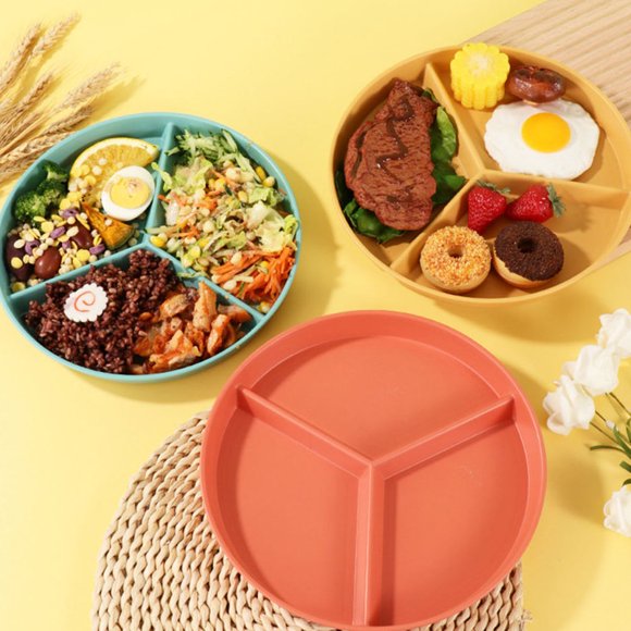 WHAMVOX Rounded Plate Set for Adults with Portion Control Divided Dinner Plates Made of Wheat Straw Assorted Pieces