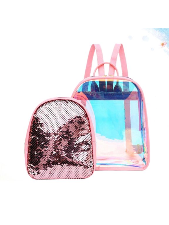 Sequin Backpack and Transparent Pink Shoulder Bag for Storage