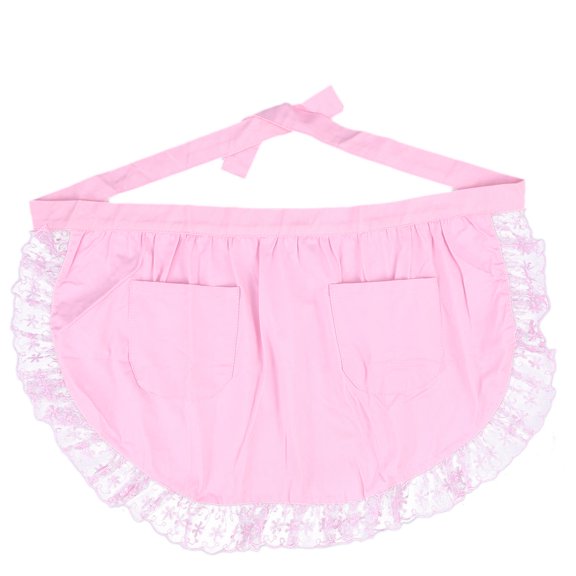 SKISUNO Pink Cotton Waist Apron with Lace Design and Front Pockets for Kitchen Use and Service Work