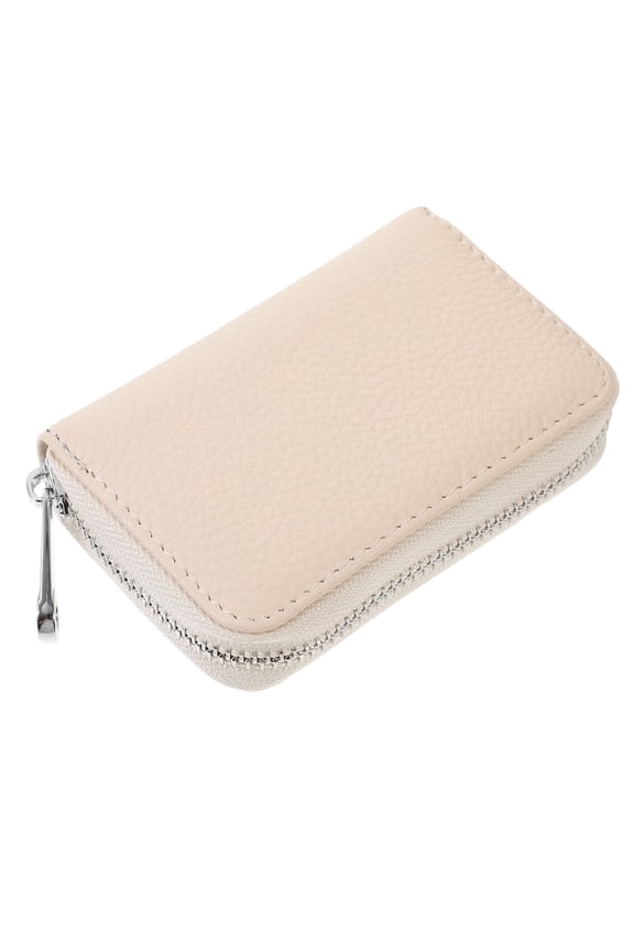 Slim Zipper Wallet for Women Beige Cowhide Card Organizer with Multiple Slots Compact Lightweight