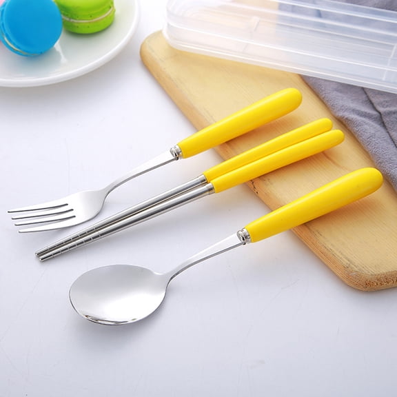 WHAMVOX Stainless Steel Chopsticks Spoon Fork Cutlery Set Ceramic Handle Portable Tableware with Case for Travel Home Camping (Yellow)