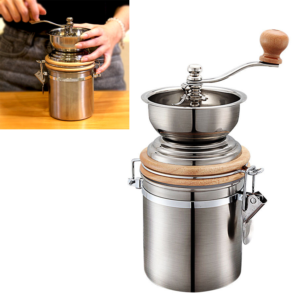 WHAMVOX Stainless Steel Manual Coffee Bean Grinder with Conical Burrs for Kitchen Use Silver 7.5in