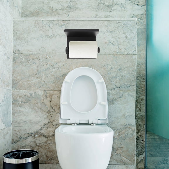 LITINKIMI Wall Mounted Tissue Roll Holder with Storage and Thickened Rod Black Stainless Steel
