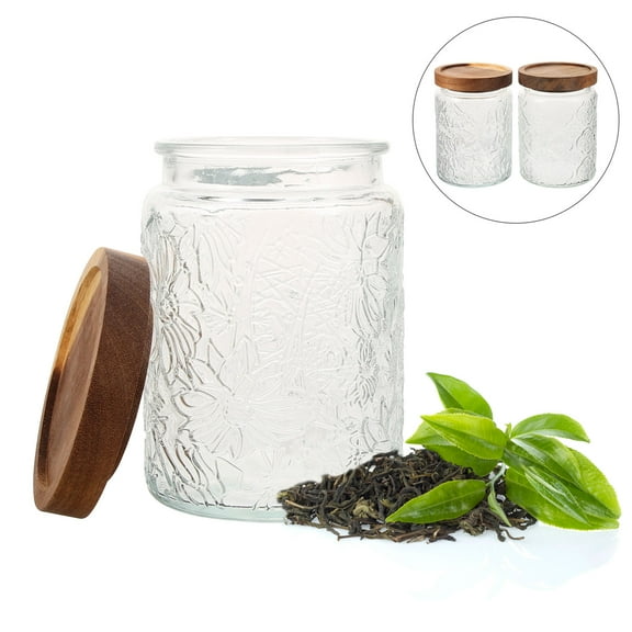 WHAMVOX Vintage Transparent Glass Storage Jar with Wooden Lid for Home Kitchen Snacks and Decor 2pcs