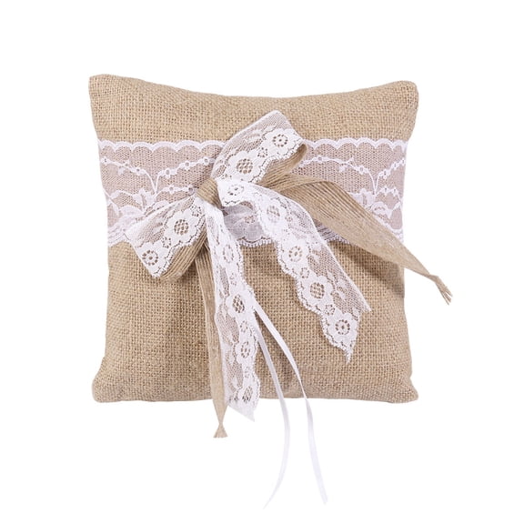 WHAMVOX WINOMO 20 x 20cm Hessian Burlap Wedding Ring Bearer Pillow Cushion with Lace Trim Bowknot