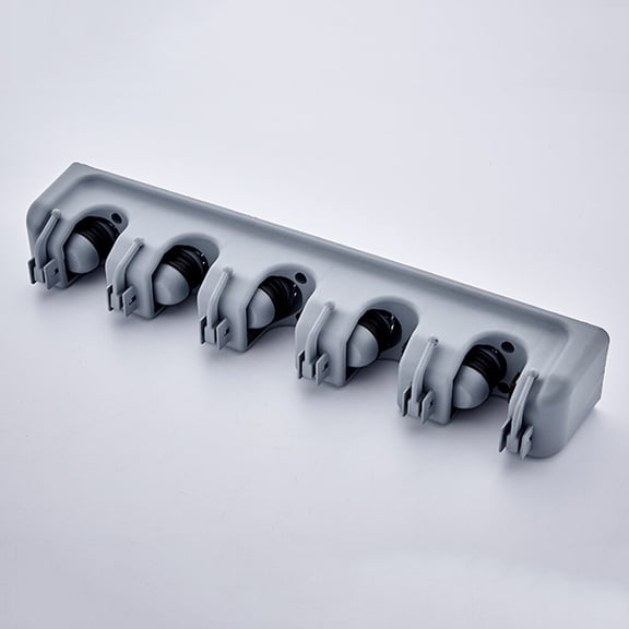 ROMANSENTIAL Plastic Mop Holder Wall Rack with Broom Clips and Umbrella Hooks Grey