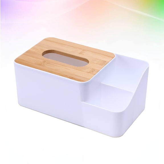 WHAMVOX White Plastic Tissue Box with Wood Cover for Desktop Storage NonToxic 7.87 x 4.72 x 4.92 Inches