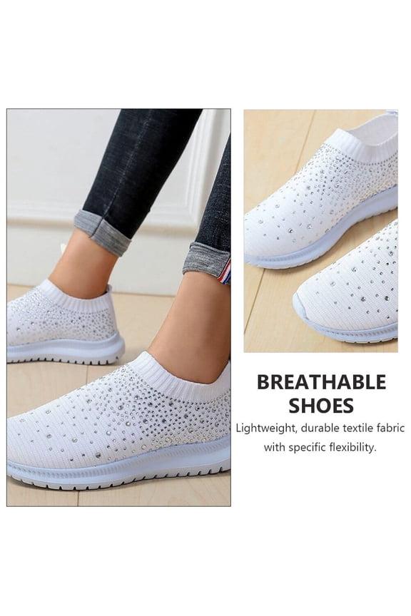 Women Rhinestone Sneakers 1 Pair White Mesh Cloth Rubber Breathable Anti Skid Sparkly Casual Shoes