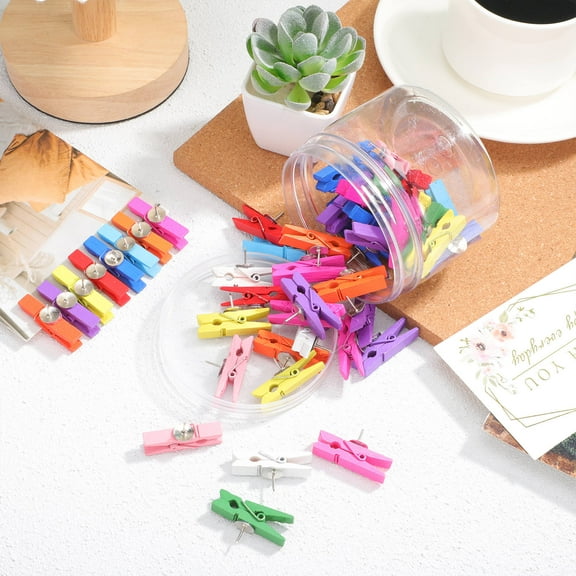 WHAMVOX Wooden Push Pin Clips with Metal for Office Use Multifunctional Hanging Message Clip Variety of Colors 50 Pcs