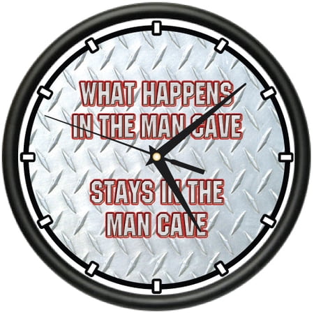 WHAT HAPPENS IN THE MAN CAVE Wall Clock garage dad diamond plate gift