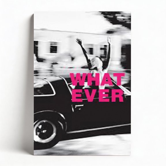 "WHATEVER" Canvas Wall Art, Glitch Effect Car Ride Framed Decor, Bold Pink Typography Artwork for Bedroom Living Room, Modern Edgy Home Decor Ready to Hang 12"x18"
