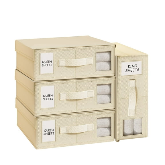 SPORTS JOY 4Pack Bed Sheet Organizer and Storage,Foldable Linen Closet Organizer and Storage with Window,Sheet Storage Organizer for Bedsheets,Blankets and Towel,Duvet Covers (Beige)