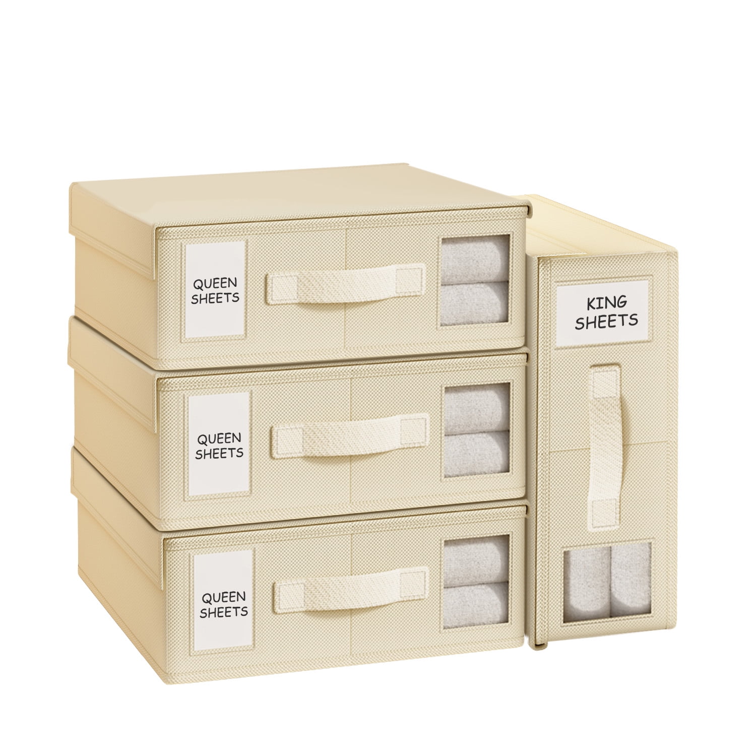 SPORTS JOY 4Pack Bed Sheet Organizer and Storage, Foldable Linen Closet Organizer and Storage with Window, Sheet Storage Organizer for Bedsheets, Blankets and Towel, Duvet Covers (Beige)