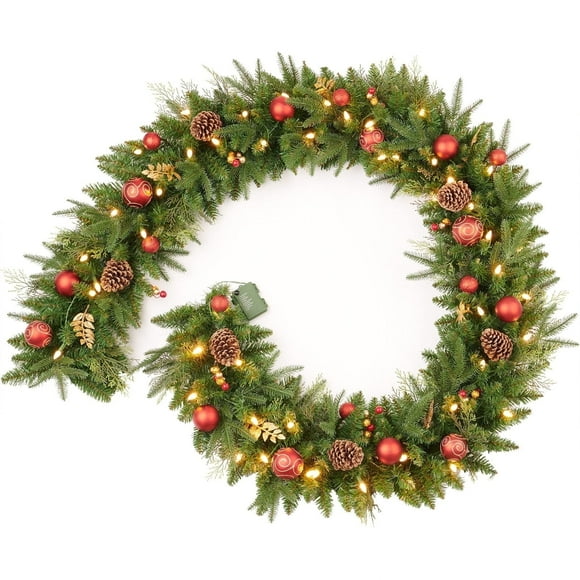 PUCACHI 9 feet Pre-Lit Christmas Garland, Mixed Pine Decorated with Frosted Berries, Pinecones, 50 LED, for Mantle Staircase Indoor and Outdoor