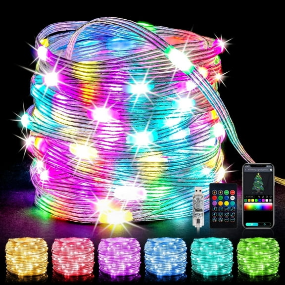 PUCACHI Smart LED Fairy Lights - APP Controlled Music Sync, Waterproof Leather Cord String Lights for Indoor/Outdoor Christmas, Holidays, Bedroom, Party Decorations