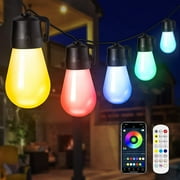 WHATOOK Christmas Outdoor String Lights, 48ft Smart RGBIC LED Patio Lights 15 Dimmable Shatterproof Bulbs IP65 Waterproof, Music Sync Bluetooth APP & Remote Control Hanging Lights for Party