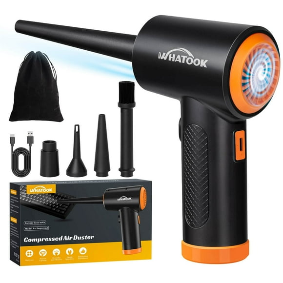 WHATOOK Compressed Air Duster-Reusable Electric Air Duster-3 Speeds 60000 RPM with LED Light-Canned Air Replacement for Keyboard Cleaning-Rechargeable Cordless Air Duster for Computer and Car Blowing