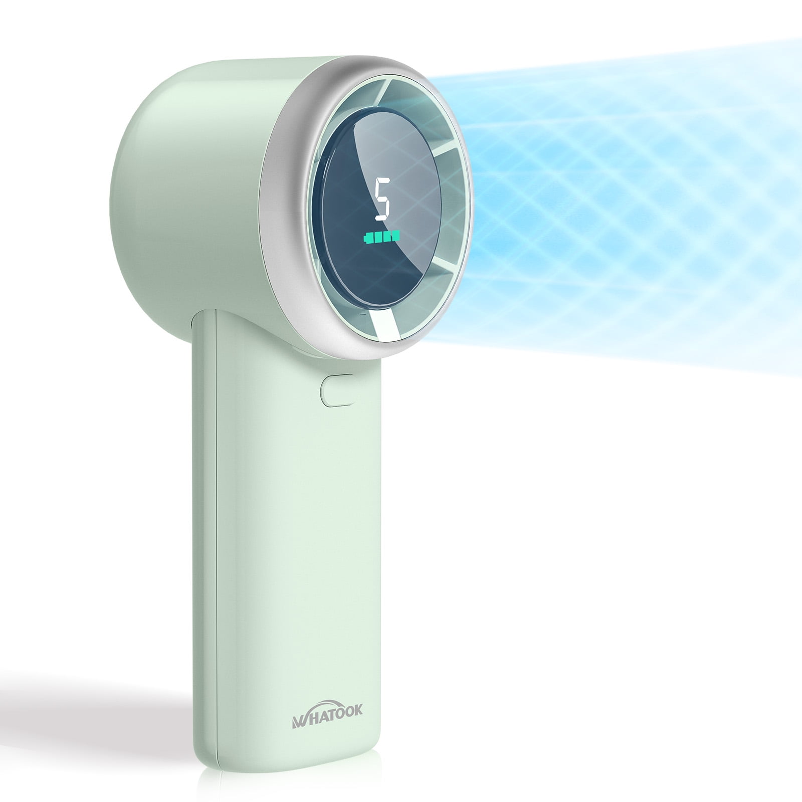 WHATOOK Handheld Portable Fan, Desk Fan Rechargeab Mini Small Pocket Fan, 3600mAh Bladeless Fan, Digital Display, Battery Operated Personal Fan with 5 Speeds for Travel, Commute, Makeup, Green
