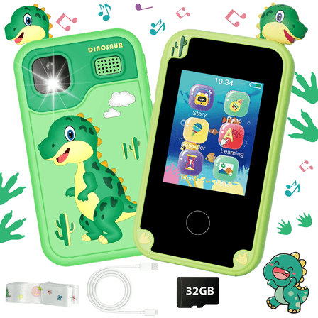 Kidsjoy Kids Smart Phone, 32G Card Christmas Birthday Gifts for Age 3-10 Kids Toys Cell Phone, 2.8" Touchscreen Toddler Learning Play Toy, Dual Camera, Music Player (Green)