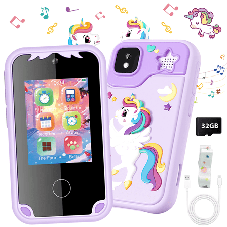 Kidsjoy Kids Smart Phone with 32G SD Card, 2.8" Touchscreen Toddler Learning Toy, Dual Lens, Music Player, Christmas Birthday Gifts for Age 3-10 Kids Toys Cell Phone (Purple)