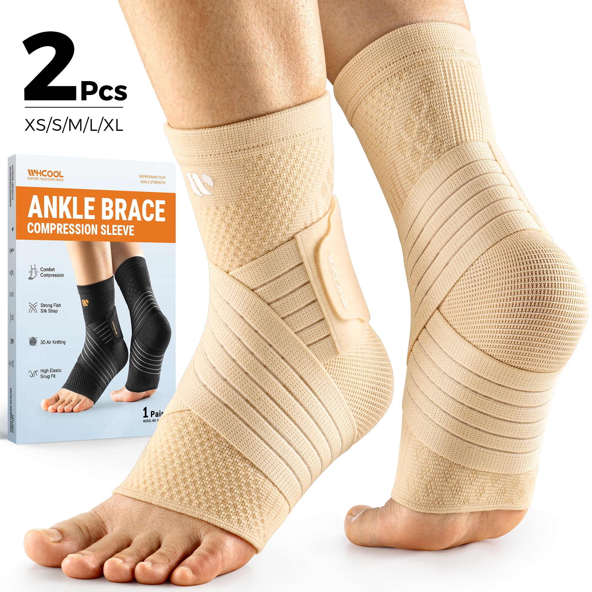 WHCOOL Ankle Brace Compression Sleeve for Men & Women,Adjustable Support with Figure-8 Stability Straps,Pair,L,Black