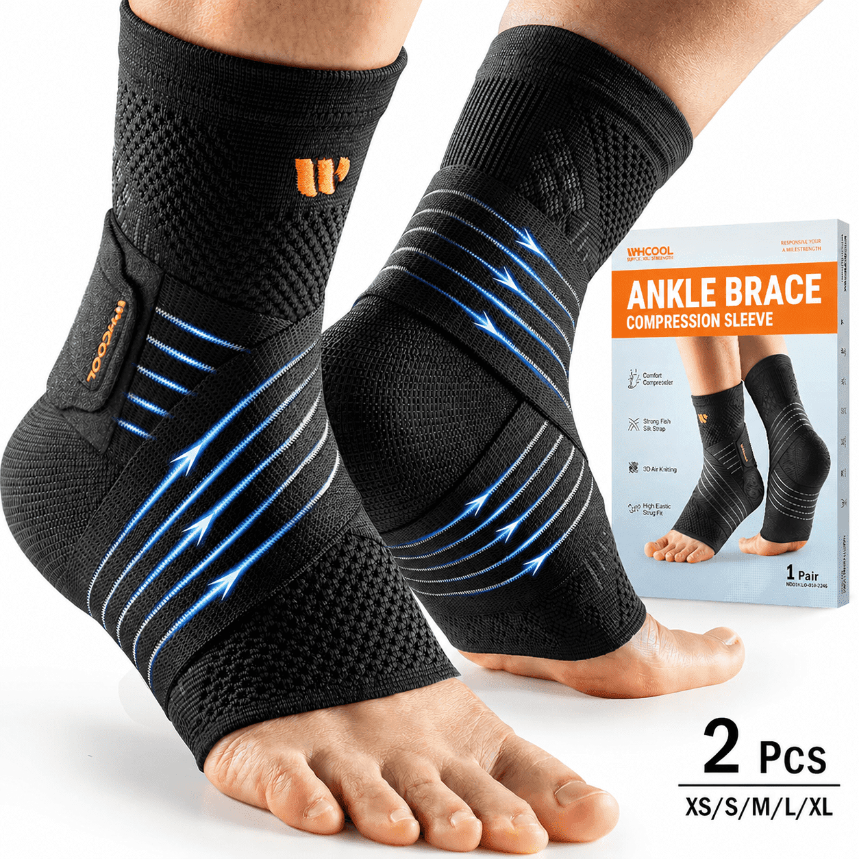 WHCOOL Ankle Brace Compression Sleeve for Men & Women,Pair,L,Black