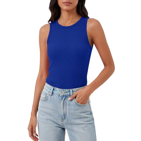WHEANG 2026 New Ribbed Sleeveless Tank Top for Women High Neck Slim Fit Basic Blouse Daily Outfits Casual Vest Shirts Keeps Cool All-Day Comfort Summer Tops for Women(Color Blue Size M)
