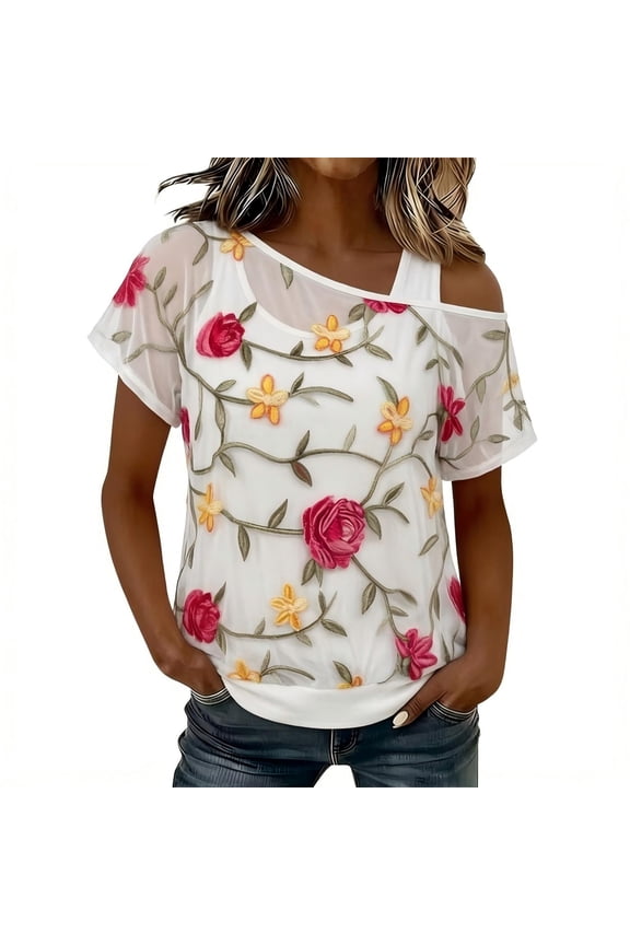 2026 Trendy Womens Mock Two Piece Knit T-Shirt, Crew Neck Short Sleeve Sheer Lace Mesh Layered Blouse for Women, Summer Daily Wear Casual Soft Stretchy Knit Tops(Color Beige Size XL)