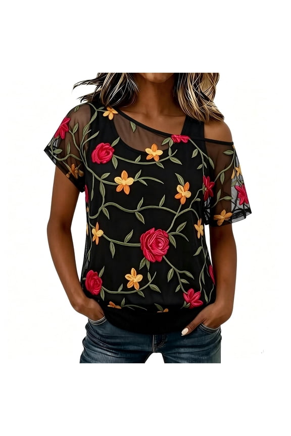 2026 Trendy Womens Mock Two Piece Knit T-Shirt, Crew Neck Short Sleeve Sheer Lace Mesh Layered Blouse for Women, Summer Daily Wear Casual Soft Stretchy Knit Tops(Color Black Size XL)