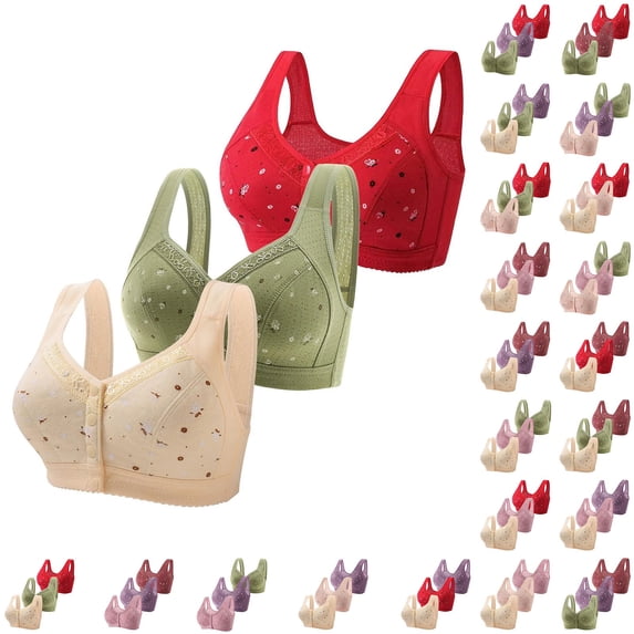 WHEANG 3 Pack Cotton Bras for Women Front Closure Wireless Full Coverage Daisy Bra Adjustable Wide Straps Comfort No Underwire Everyday Support Womens Bras Blue Size 44