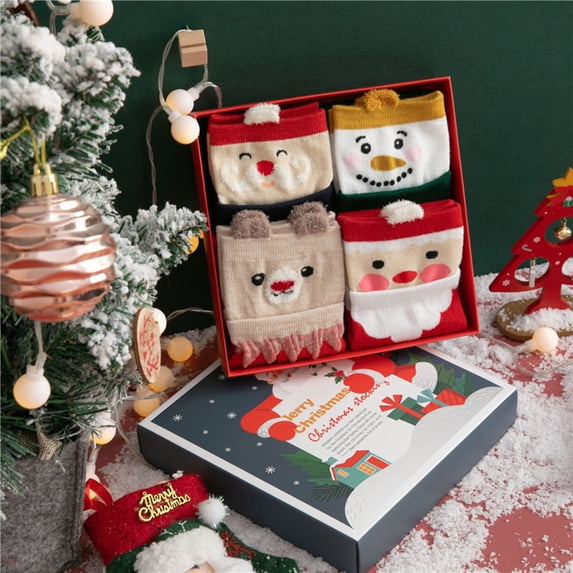 WHEANG 4 Pcs Christmas Socks for Women Men Fuzzy Socks Gift Box Embroidered Cartoon Cozy Plush Non‑Slip Slippers Socks for Holiday Home Wear M 2026 Sales