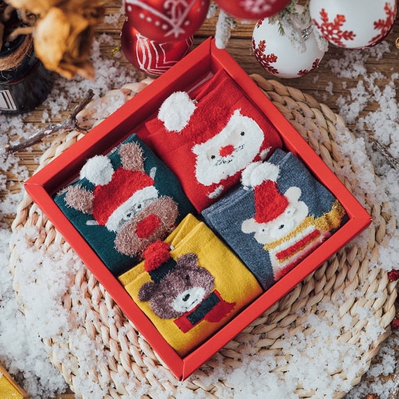 WHEANG 4 Pcs Christmas Socks for Women Men Fuzzy Socks Gift Box Embroidered Cartoon Cozy Plush Non‑Slip Slippers Socks for Holiday Home Wear M 2026 Sales
