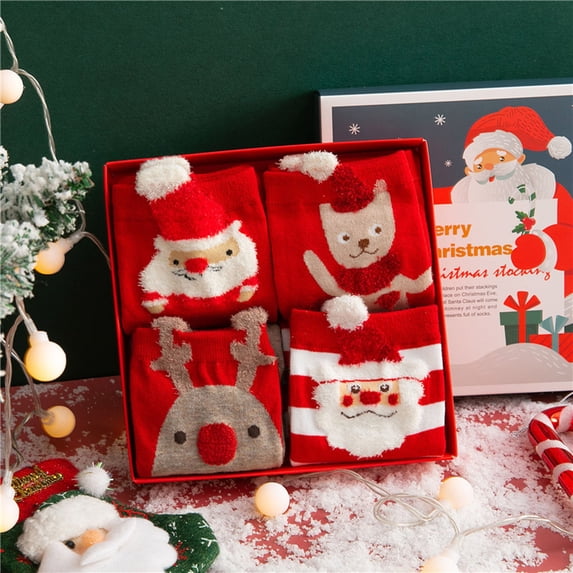 WHEANG 4 Pcs Christmas Socks for Women Men Fuzzy Socks Gift Box Embroidered Cartoon Cozy Plush Non‑Slip Slippers Socks for Holiday Home Wear M 2026 Sales