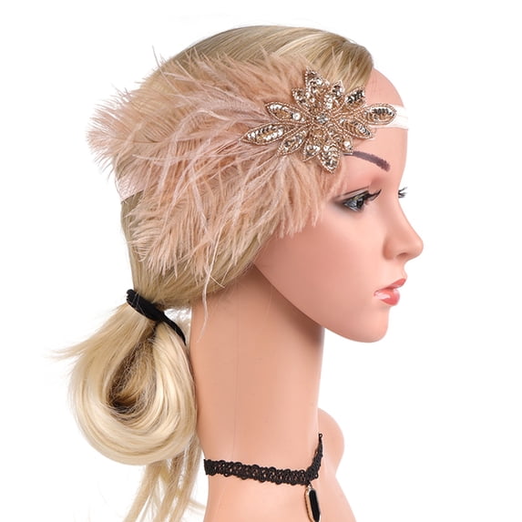 WHEANG Black Feather Fascinators for Women Elastic Band Flapper Headband Black Headpiece Rhinestone Hair Band Cocktail Head Accessories Fascinators Women Hair Clip 1920s Pink One Size