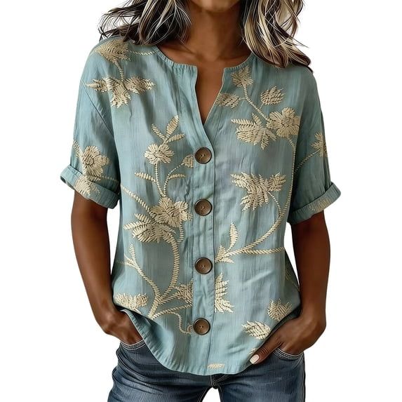 WHEANG Boho Tops for Women Colorful Floral Print Shirt V Neck Womens Blouses Button Down Short Sleeve Casual Loose Blouse Tops Bohemian Women Summer Clothing TrendyGreen Size XXXL