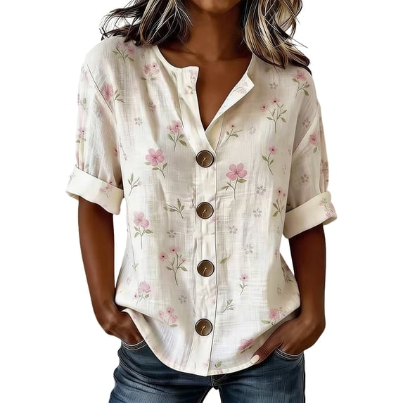 WHEANG Boho Tops for Women Colorful Floral Print Shirt V Neck Womens Blouses Button Down Short Sleeve Casual Loose Blouse Tops Bohemian Women Clothing TrendyPink Size XXL 2026 Sales Under $7